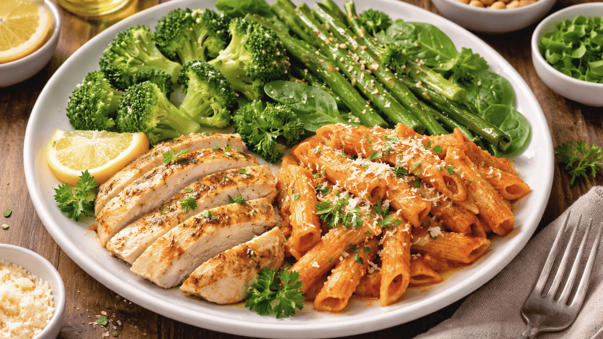 a balanced reflux-friendly pasta meal with vegetables protein and pasta served on a white plate with garnishes