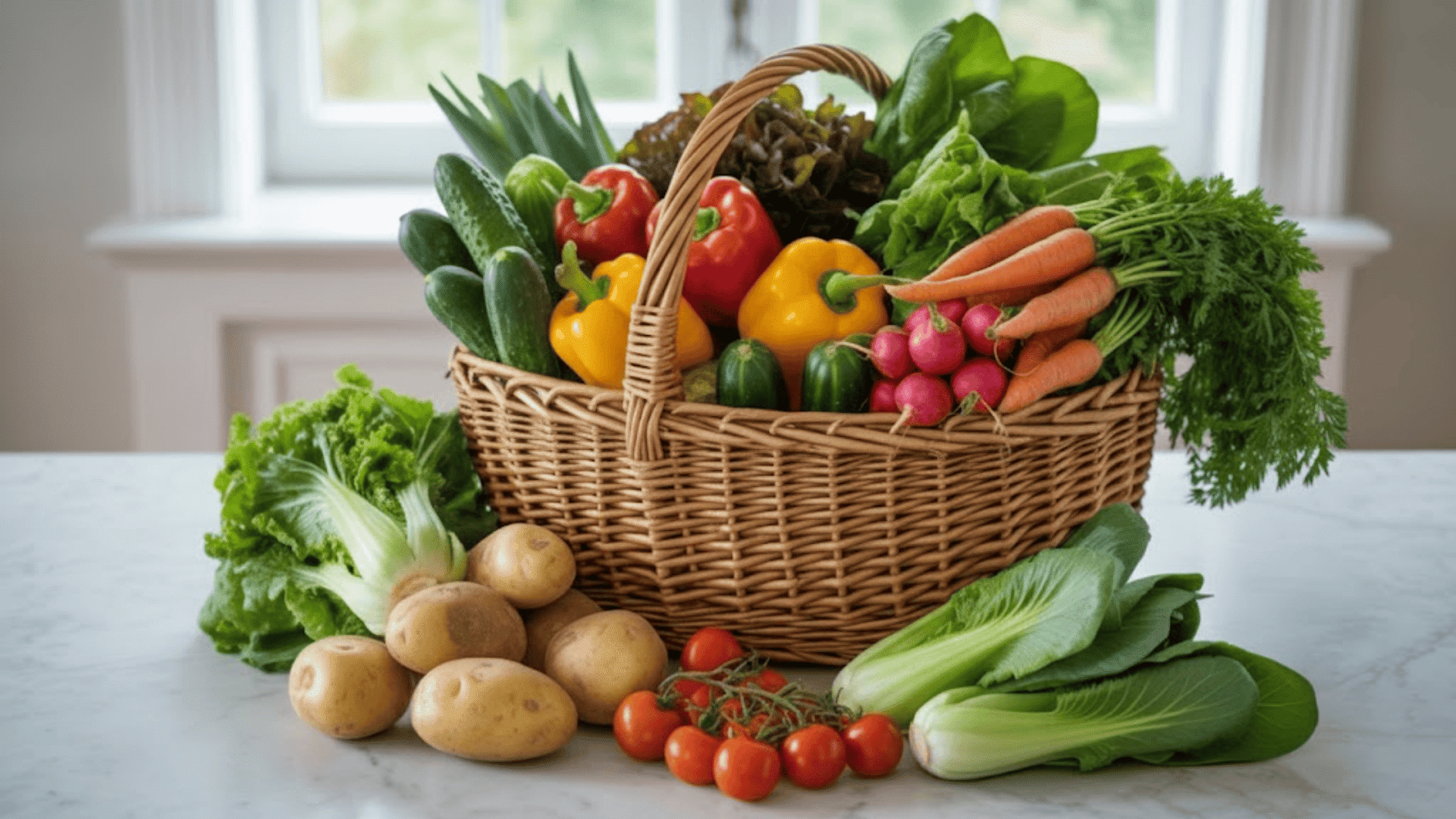 a basket with cucumbers, bell peppers, carrots, radishes, kale, lettuce, cherry tomatoes, bok choy and potatoes