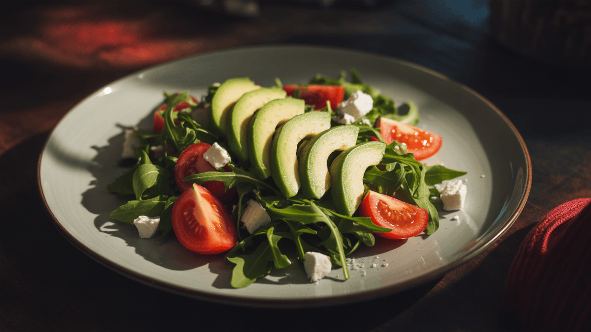 a ceramic plate with arugula salad in it, garnished with sliced avocado, sliced cherry tomatoes and crushed feta cheese