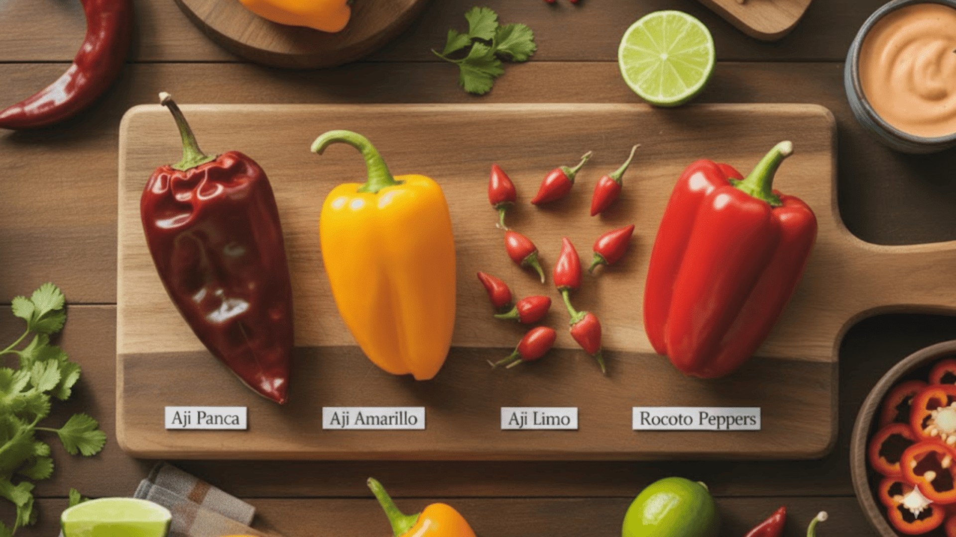 a chopping board with ají panca, ají amarillo, ají limo peppers, and red rocoto peppers with cilantro and lemon on side