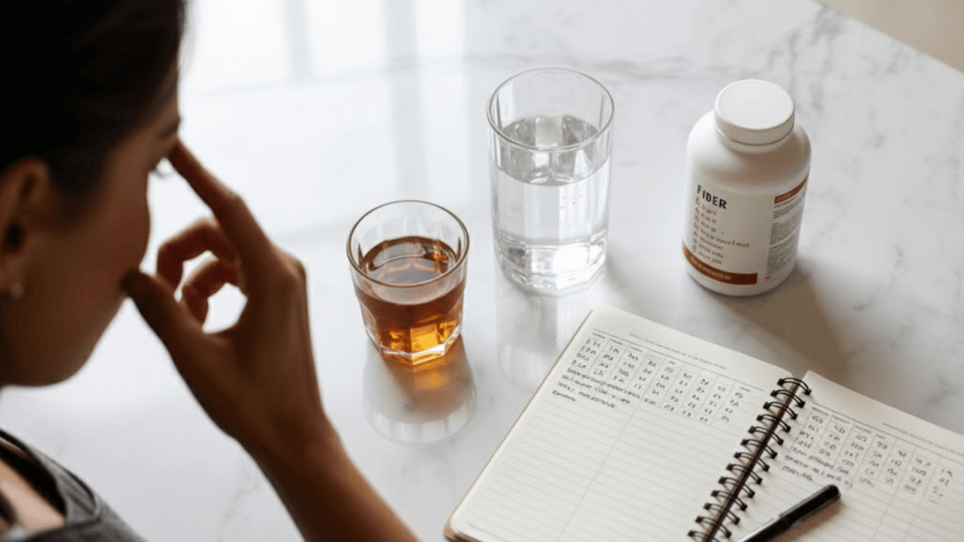 a glass of water with glass of urine next to it, a woman with headache, a bottle of supplements, and a notebook