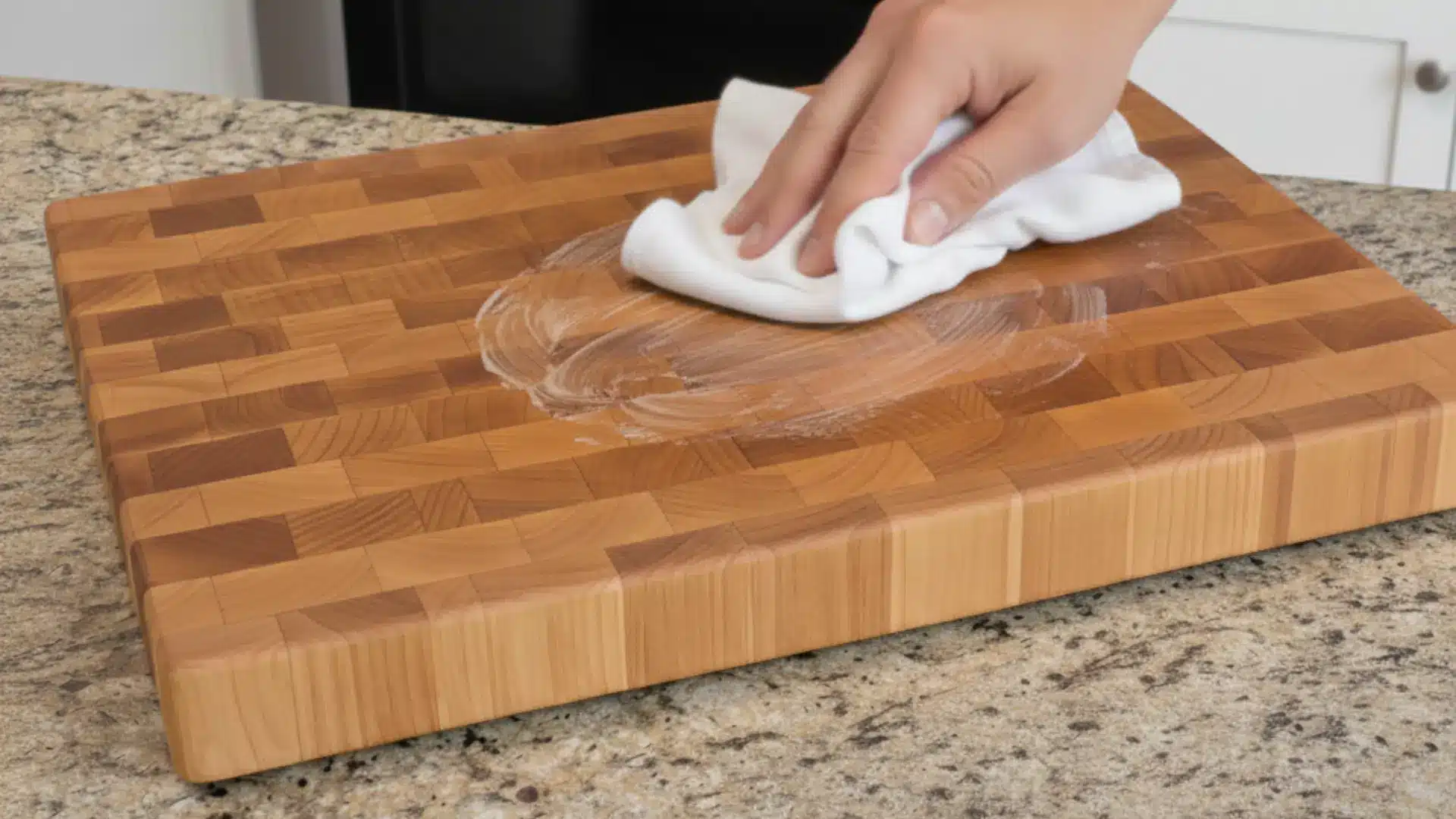 a hand uses a white cloth to apply a creamy conditioner to a wooden cutting board on a granite countertop