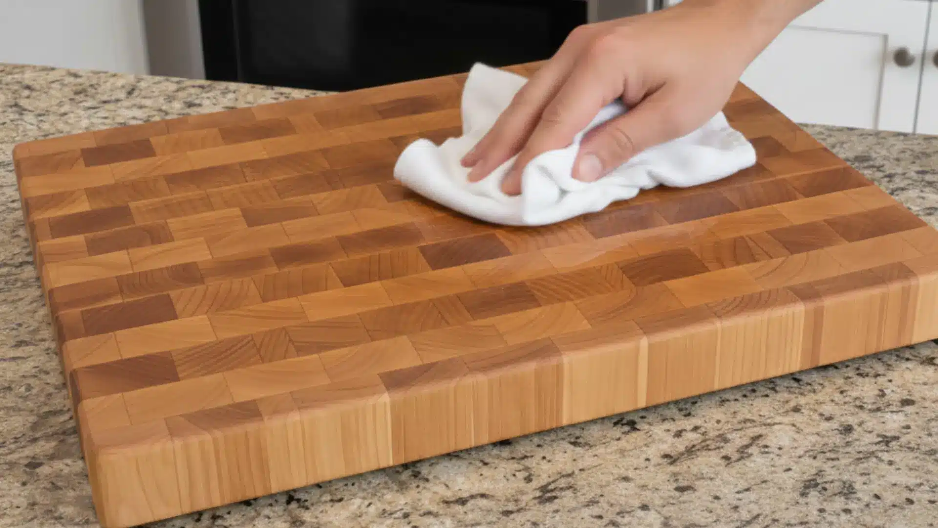 a hand uses a white cloth to wipe down a thick wooden cutting board on a granite kitchen countertop