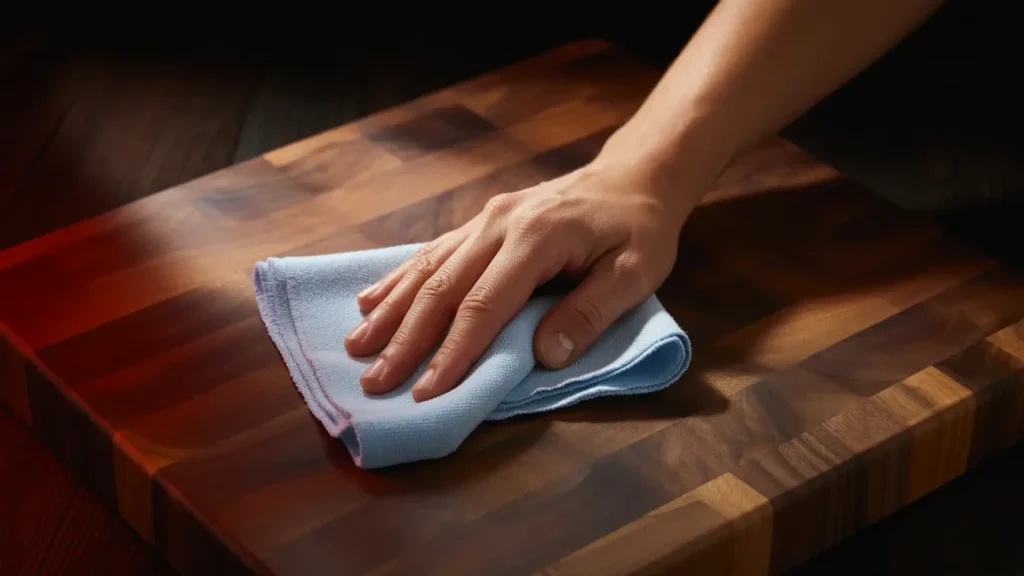 a hand wipes a rich, dark wooden cutting board with a blue cloth in dramatic, moody lighting with red undertones