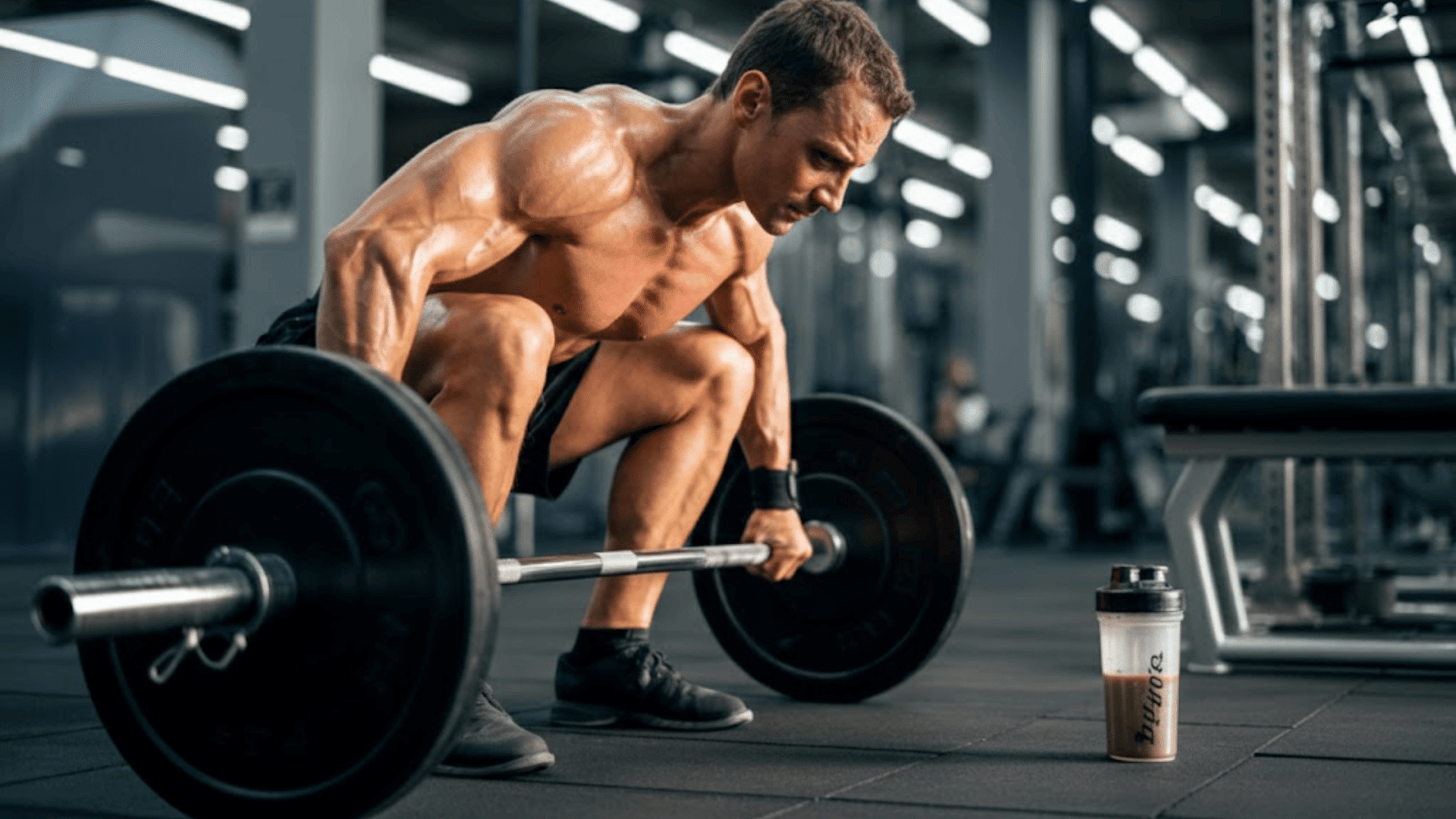 a man performing a barbell deadlift in a modern gym while sweating, and a protein shaker kept in front of him