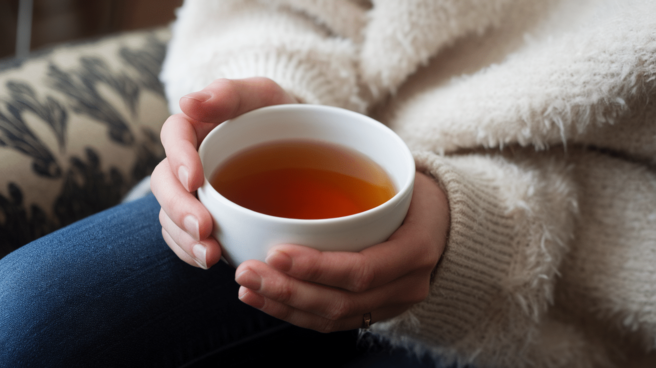 a person wearing a fuzzy white sweater holds a warm cup of tea with both hands