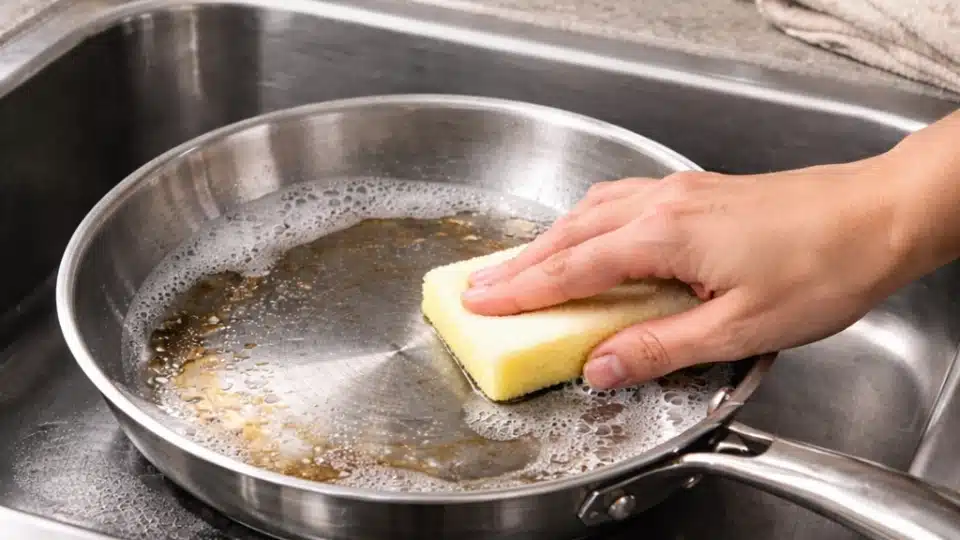 a person with a soft sponge scrubbing inside of the pan