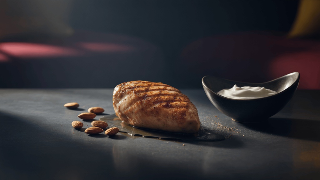 a piece of grilled chicken on a table, next to it is some raw almonds and a small bowl of dip on the other side