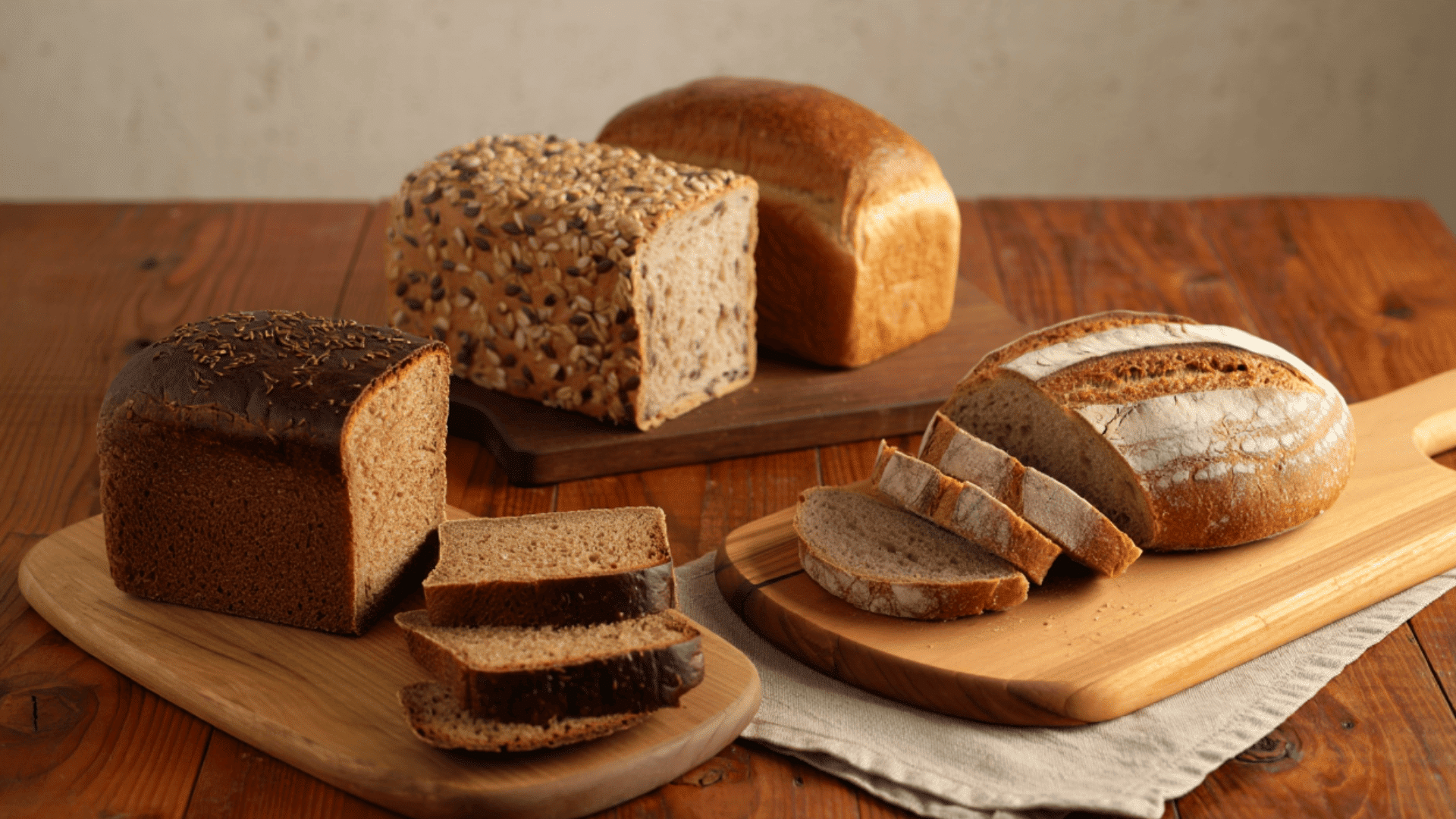 a rustic kitchen table with a variety of bread types rye bread, whole wheat, sourdough, grain bread, and oat bread