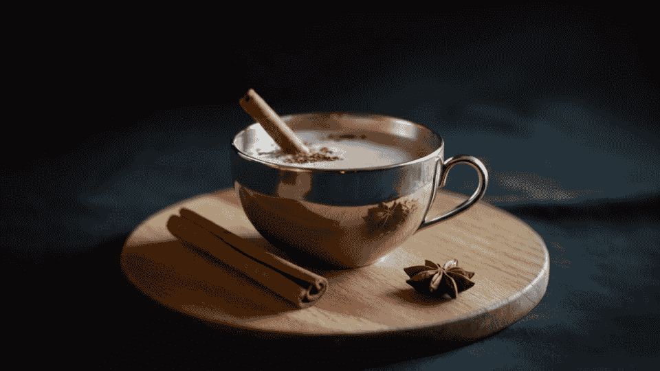 a silver cup with a spiced drink, garnished with a cinnamon stick and a sprinkle of ground spice on top