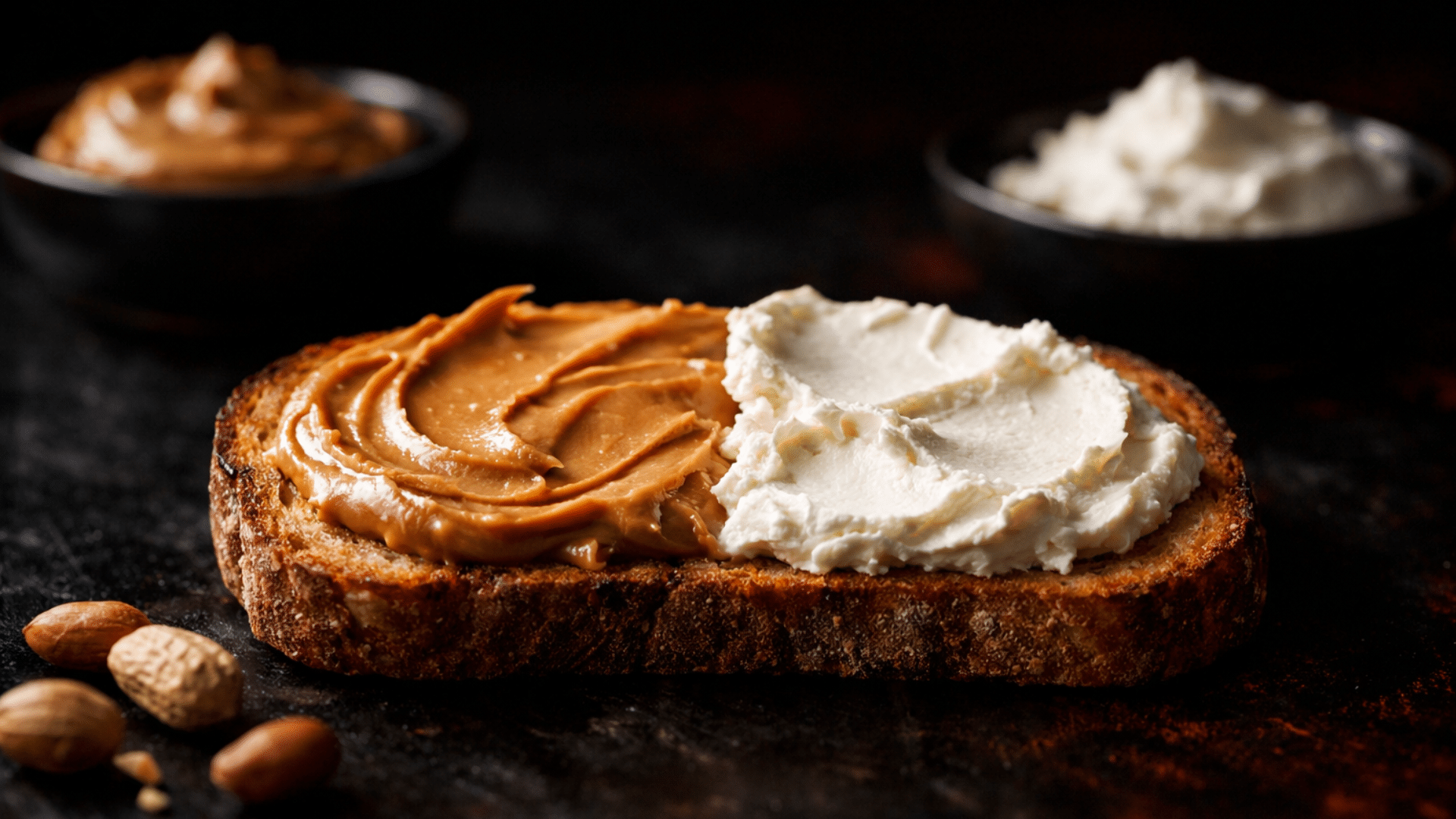 a spoonful of peanut butter and cream cheese on toasted bread, set against a dark, moody background, showcasing creamy textures.