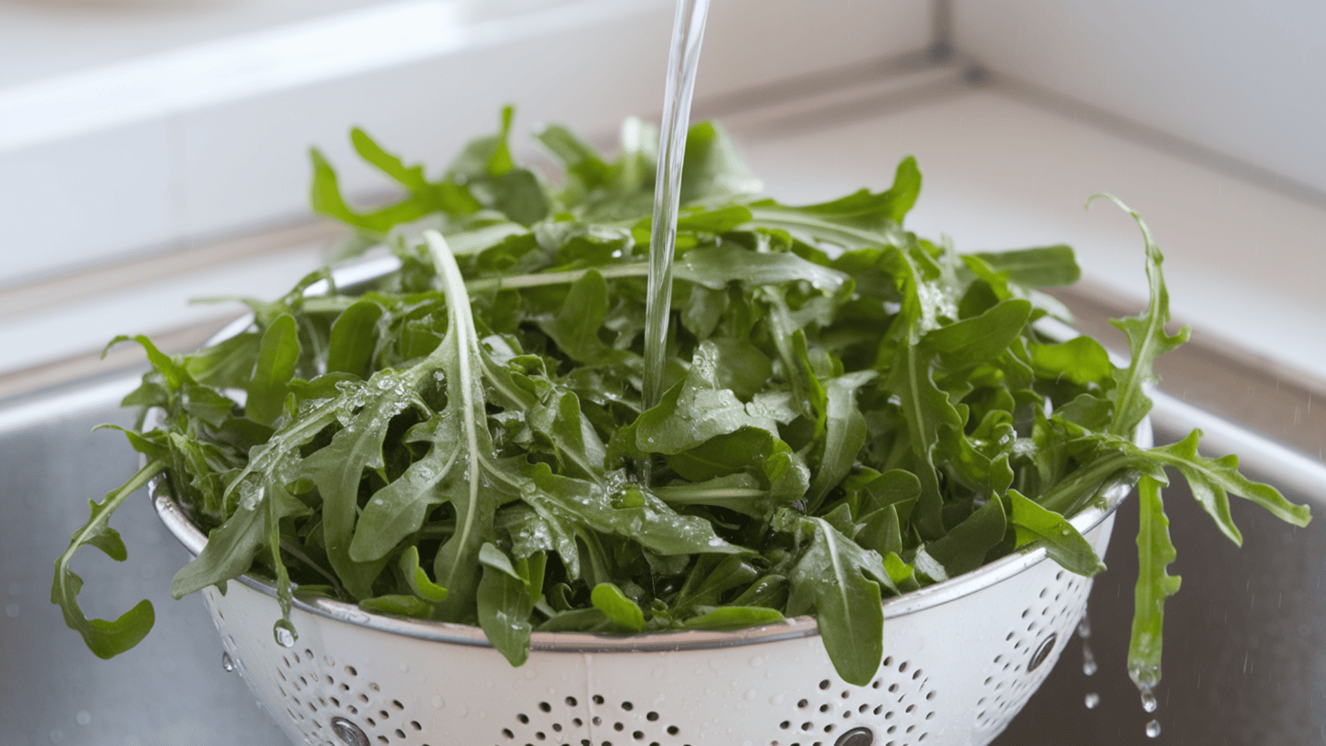 a strainer in a sink with a bunch of arugula in it being washed with tap water in a kitchen to be made into a salad