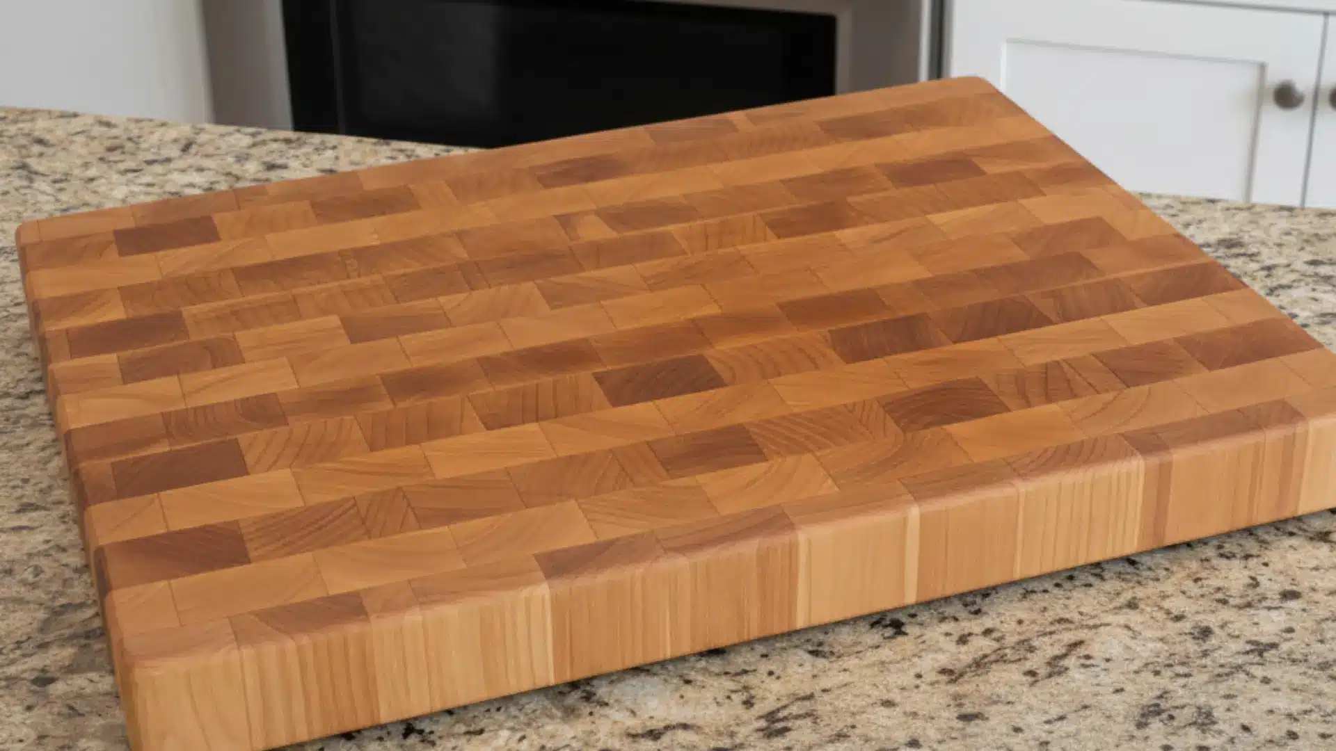 a thick, end-grain wooden cutting board rests on a granite countertop in front of a stainless steel oven