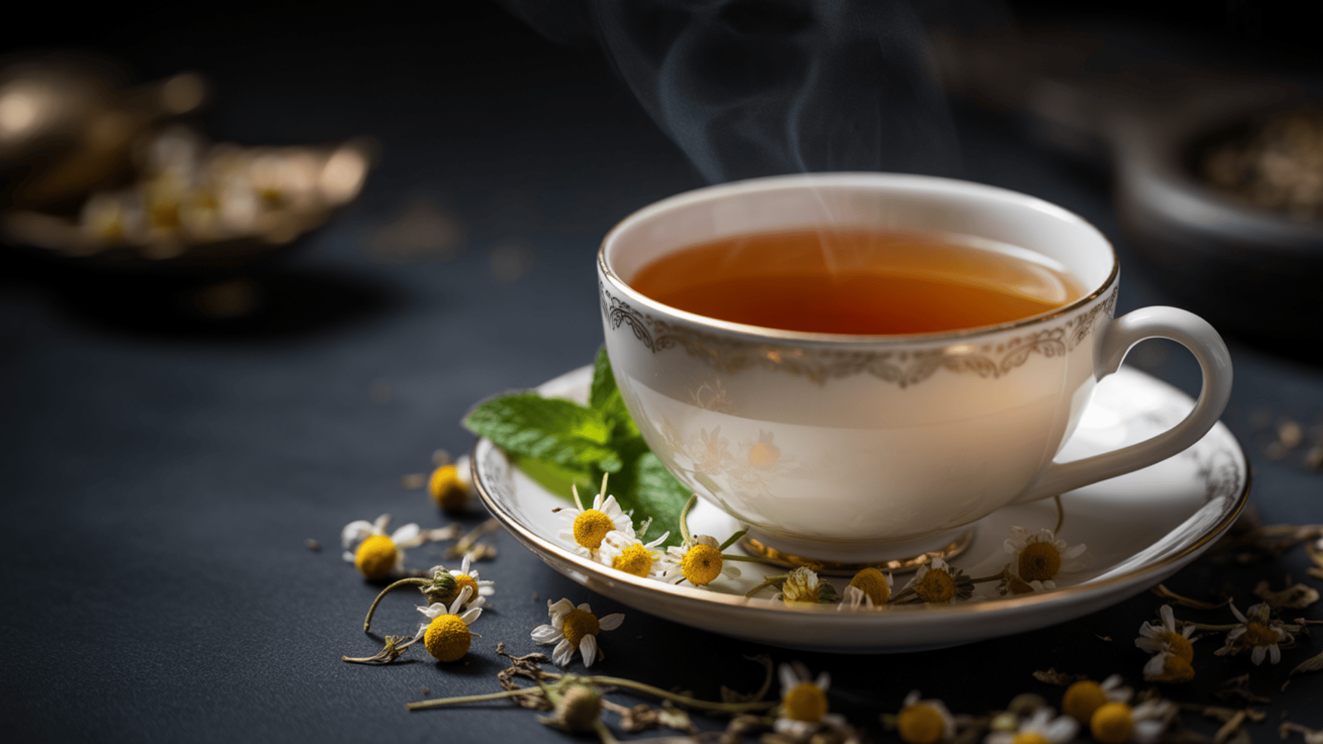 a white porcelain teacup of amber tea is surrounded by fresh mint and scattered chamomile flowers on a dark surface