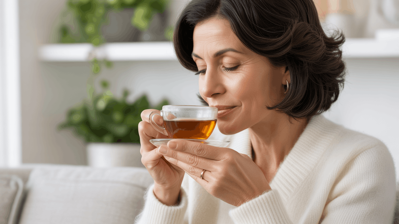 a woman with dark hair and a white sweater smiles while holding a small glass cup of tea to her face