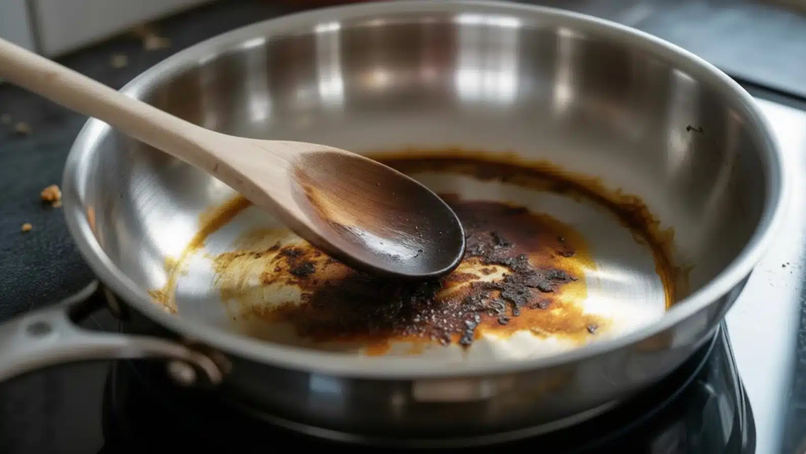 burnt stainless steel pan with charred food residue and wooden spoon resting inside on stovetop surface