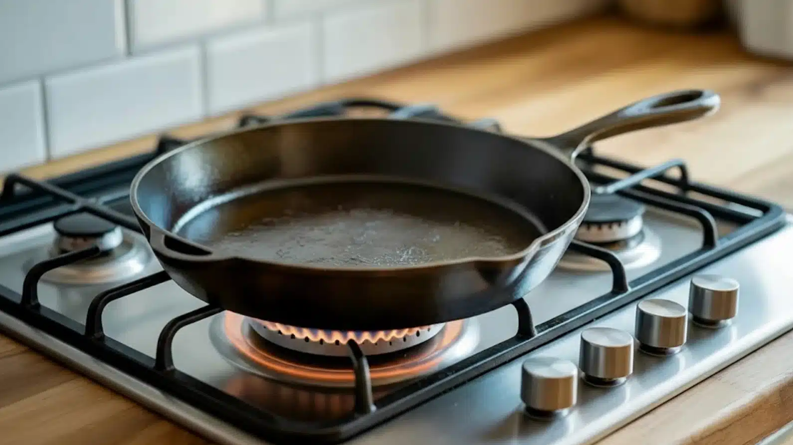 cast iron skillet heating on gas stove burner with visible flame underneath in modern kitchen setting on kitchen surface