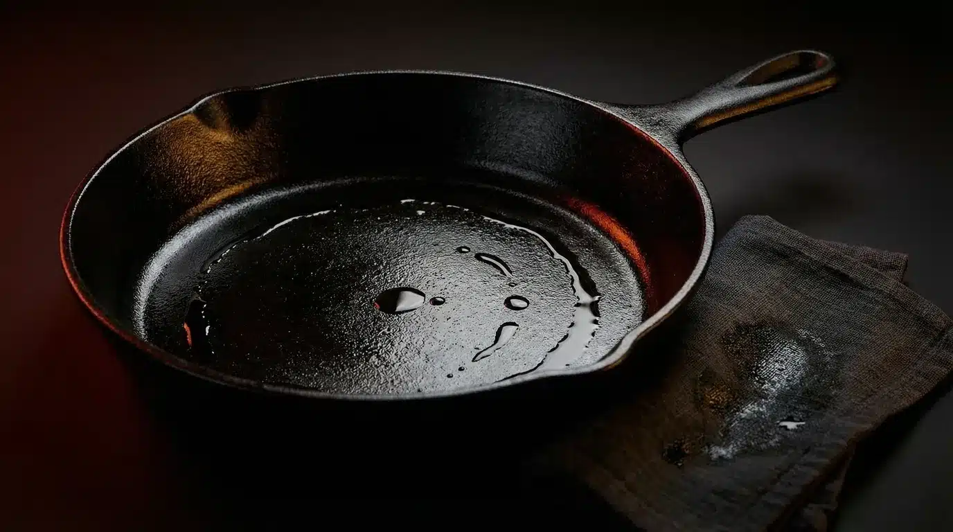 cast iron skillet with oil droplets inside, resting on dark surface beside folded kitchen cloth under warm lighting