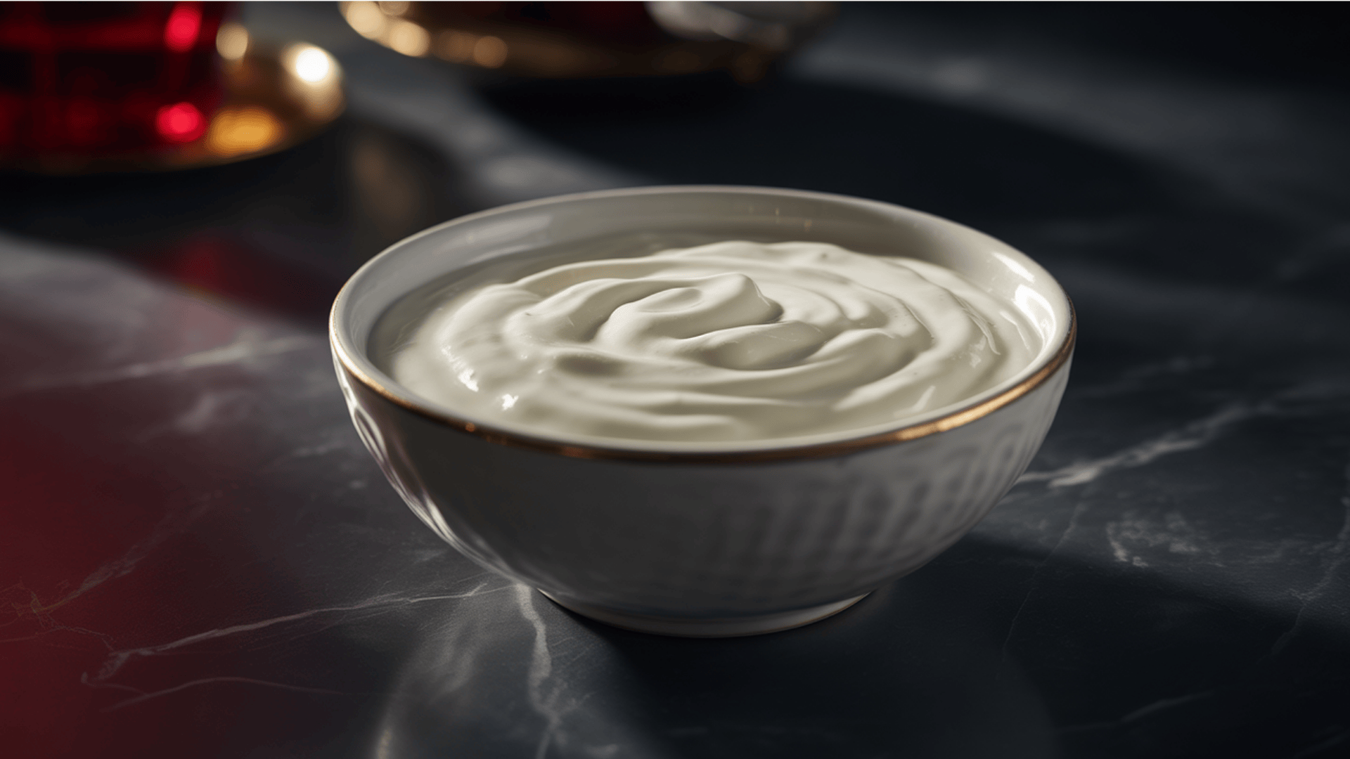 close-up of a creamy bowl of yogurt on a dark marble surface, perfect for acid reflux relief