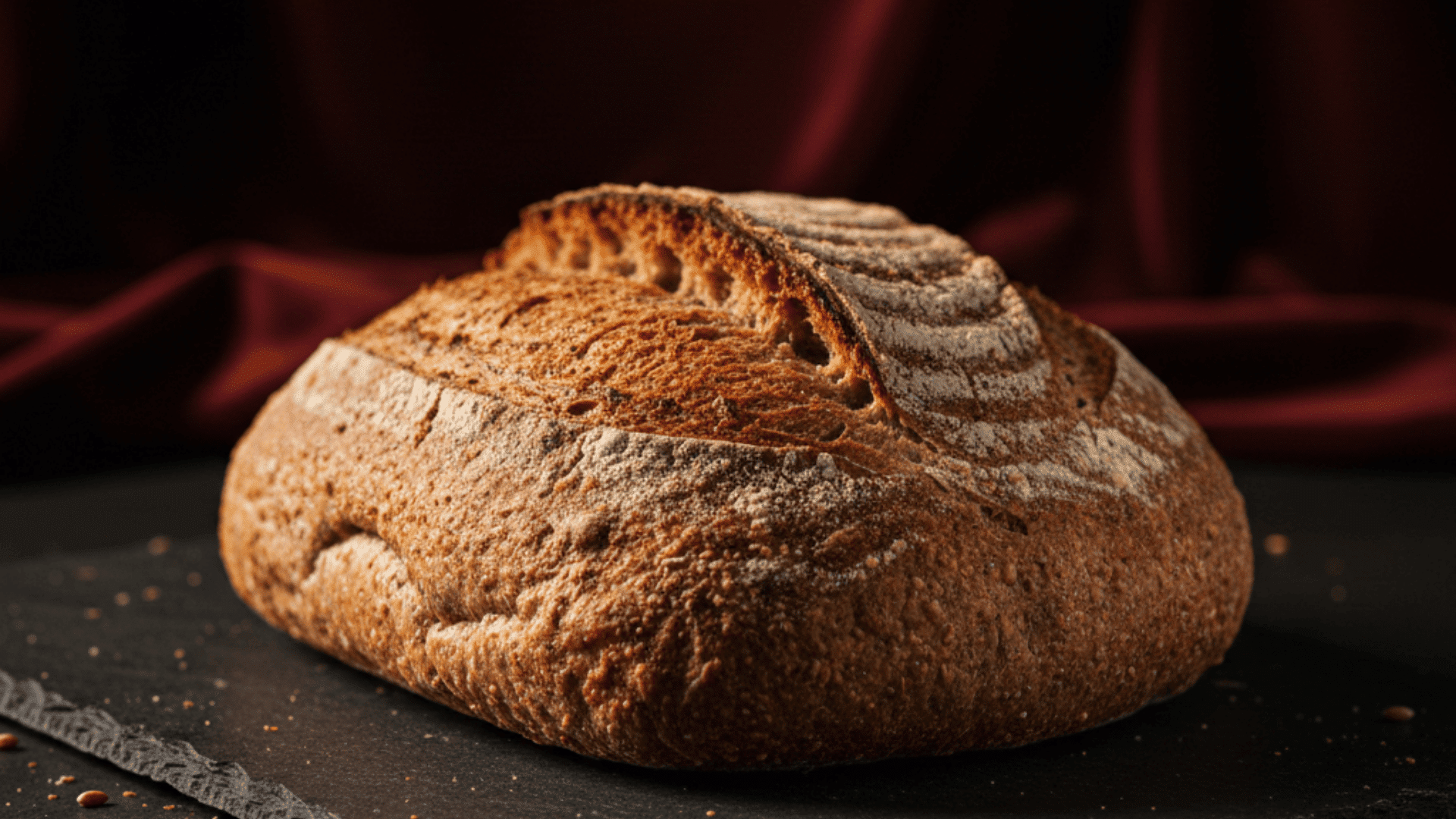 close-up of a freshly baked round loaf of sourdough bread on a dark surface with a textured crust
