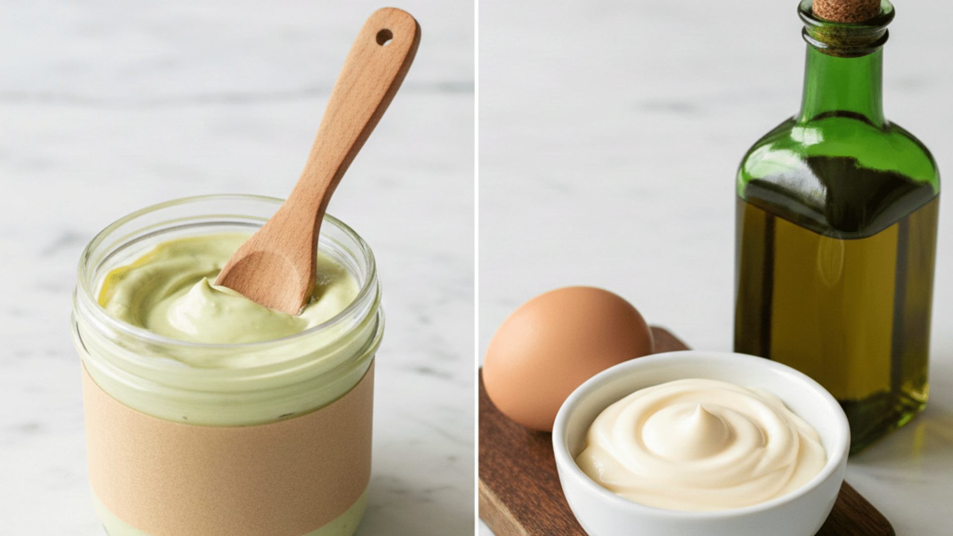 creamy avocado mayonnaise in a jar with a wooden spoon beside traditional mayo, an egg, and olive oil