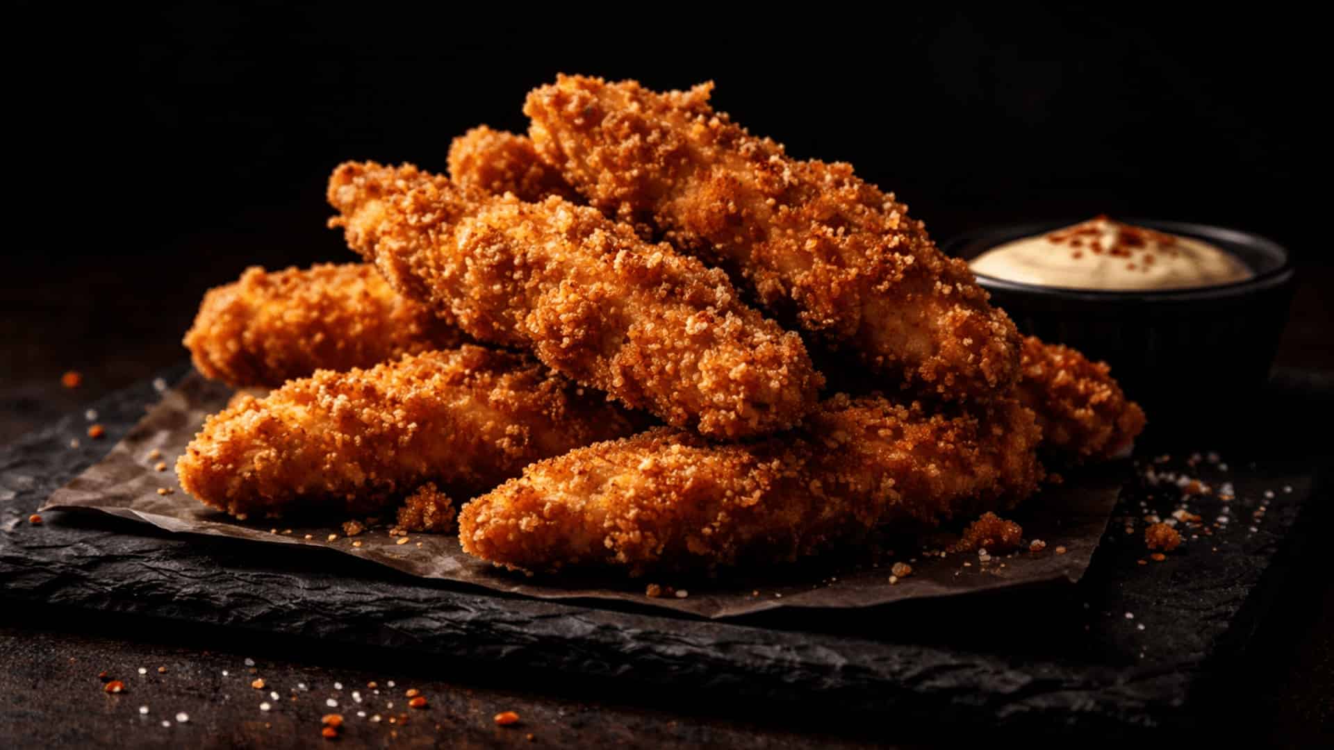 crispy golden chicken tenders stacked on dark slate with creamy dipping sauce in moody side lighting