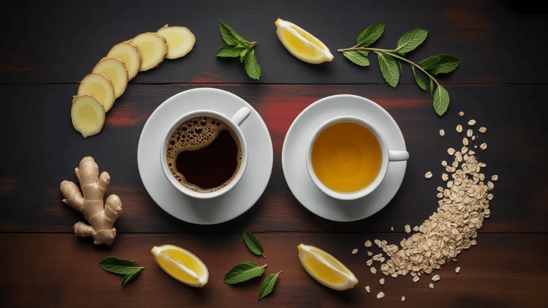 dark brown ceramic coffee cup with black coffee, steam rising, dramatic shadows on gray surface against black background
