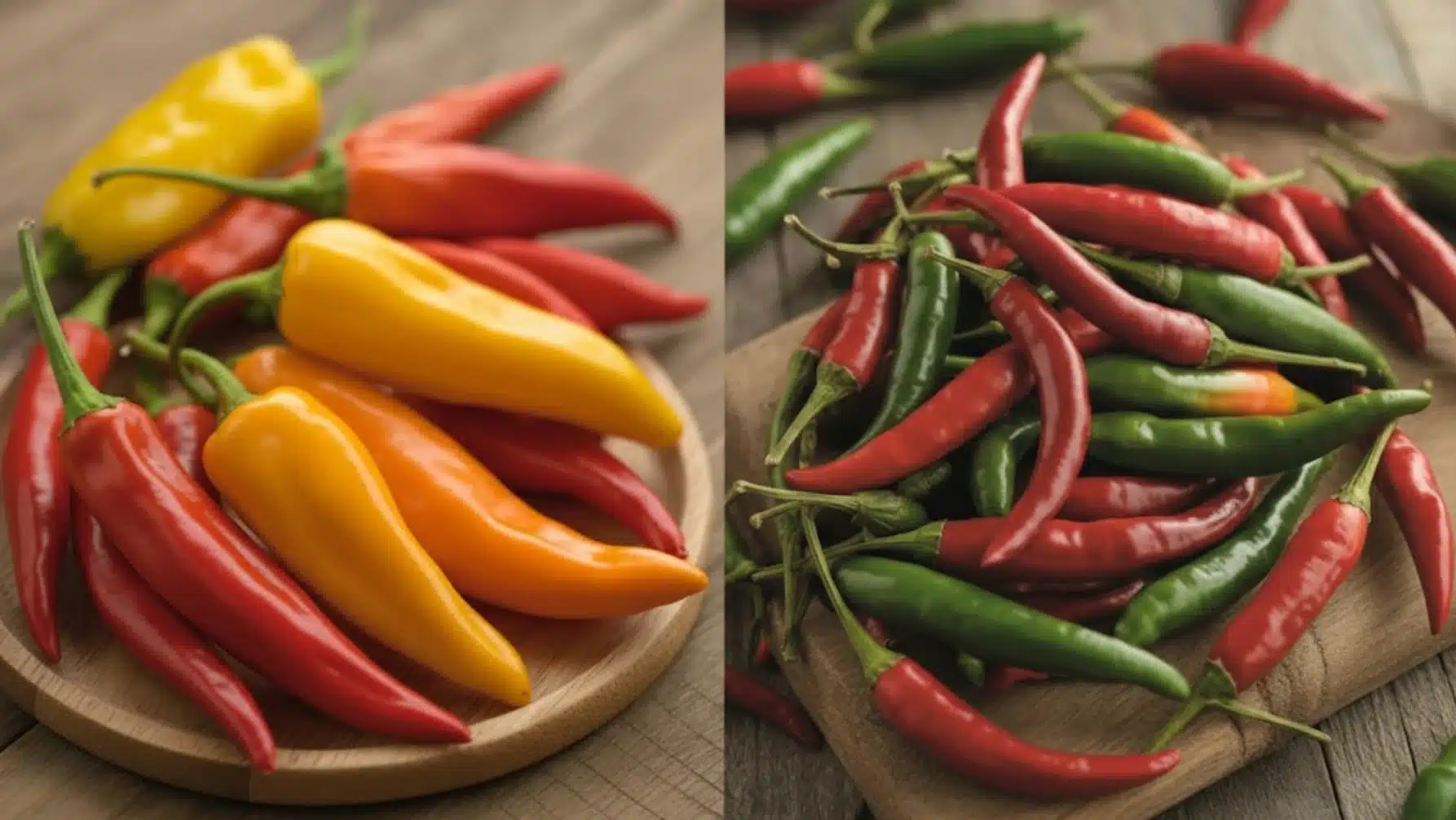 fresh red green and yellow chili peppers arranged on wooden boards on rustic kitchen table setting background