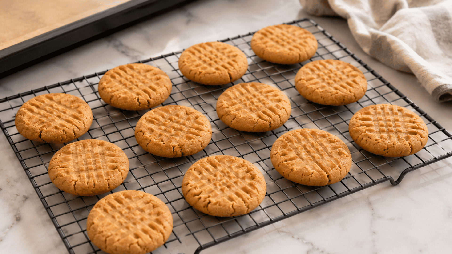 freshly baked peanut butter cookies cooling on a wire rack after baking with crisp edges and classic crisscross tops ready to enjoy