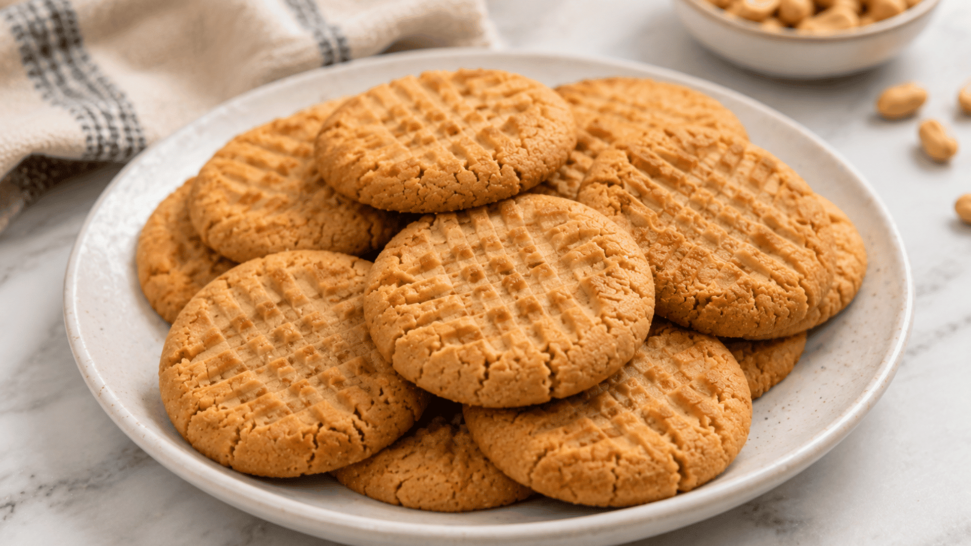 freshly baked peanut butter cookies stacked on a white plate with crisp crisscross tops ready to serve alongside roasted peanuts