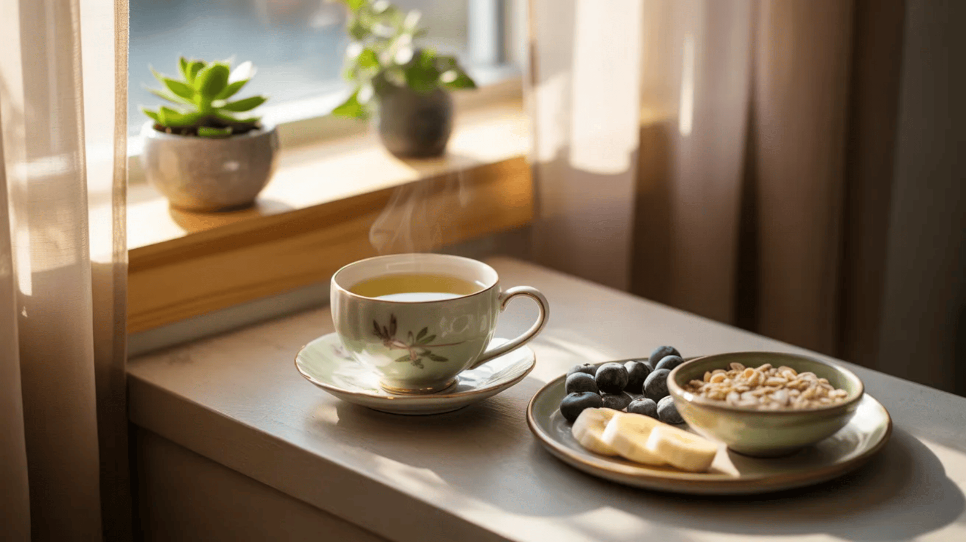green tea in a calm morning setting representing gentle digestion and improved gut health.