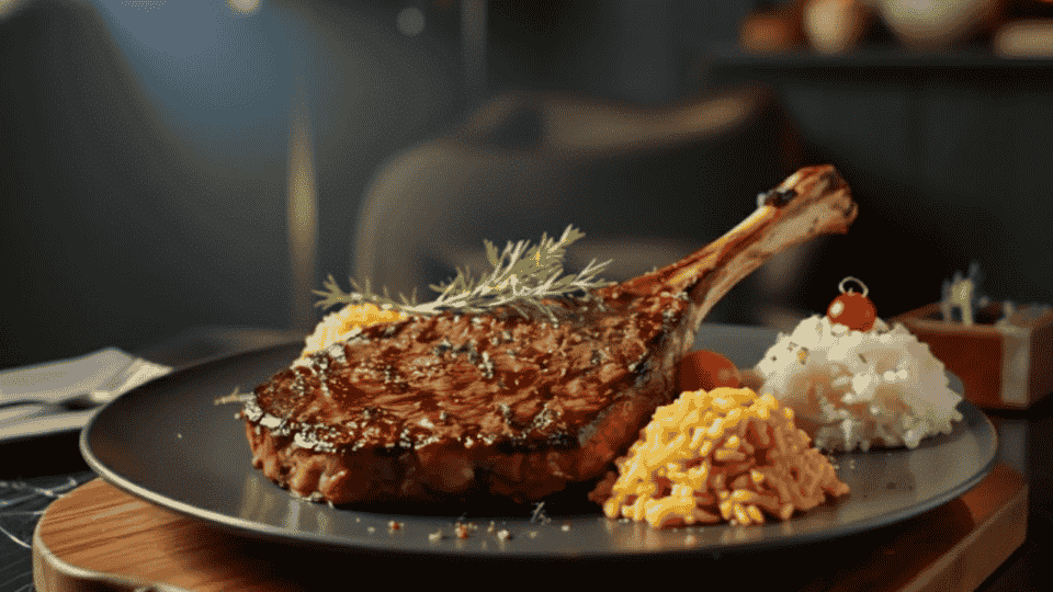 grilled bone-in steak served with seasoned rice, mashed potatoes, rosemary garnish, and cherry tomato on a dark plate