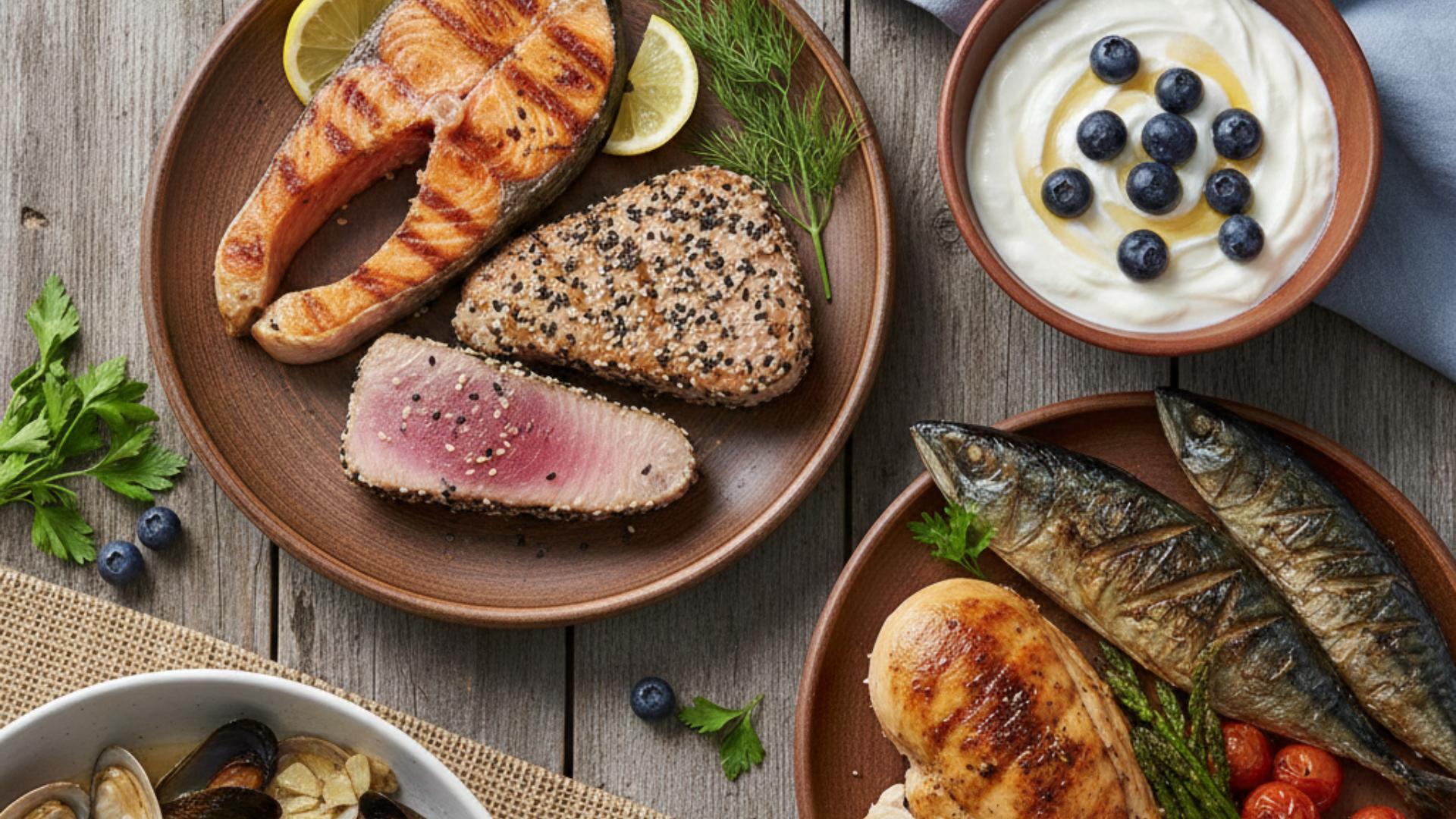 grilled salmon, tuna, mackerel, chicken breast, a bowl of Greek yogurt, and a medley of shrimp and shellfish