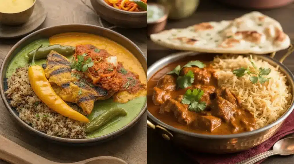 grilled chicken with sauces and quinoa alongside indian curry with rice and naan on rustic wooden table