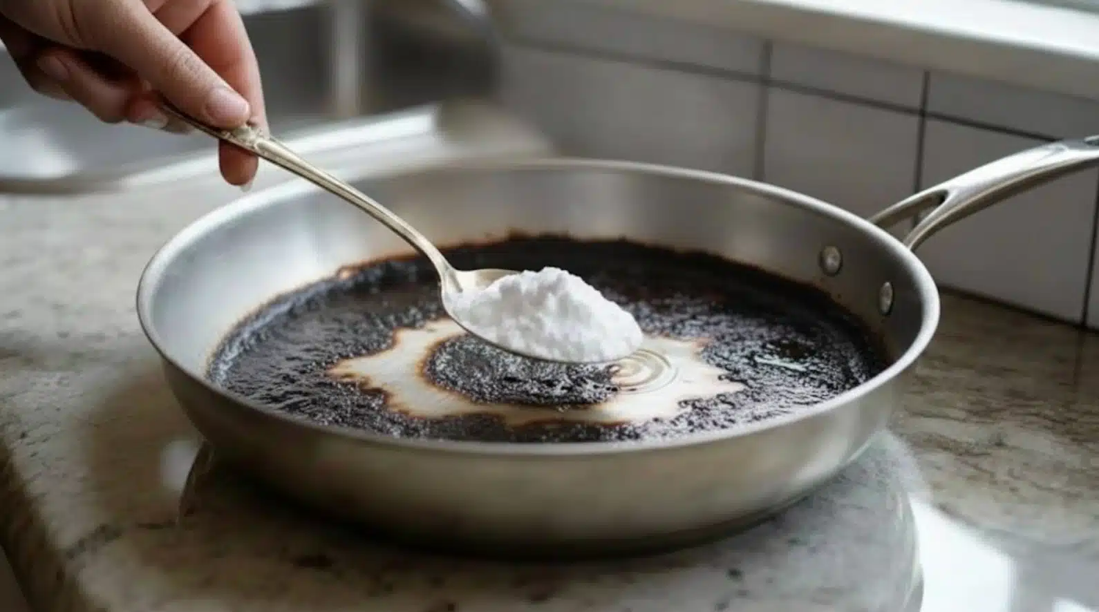 hand adding spoonful of baking soda to heavily burnt stainless steel pan filled with dark residue and water
