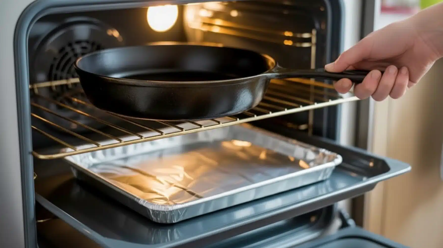 hand placing cast iron skillet on oven rack above foil lined tray inside preheated oven for seasoning process