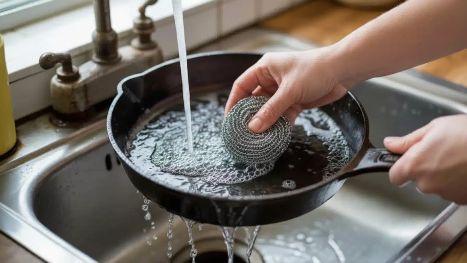 hand washing a cast iron skillet in kitchen sink using metal scrubber under running water with soap bubbles visible