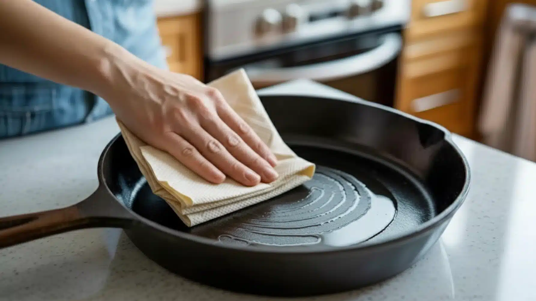hand wiping seasoned cast iron skillet with paper towel, spreading thin layer of oil on cooking surface