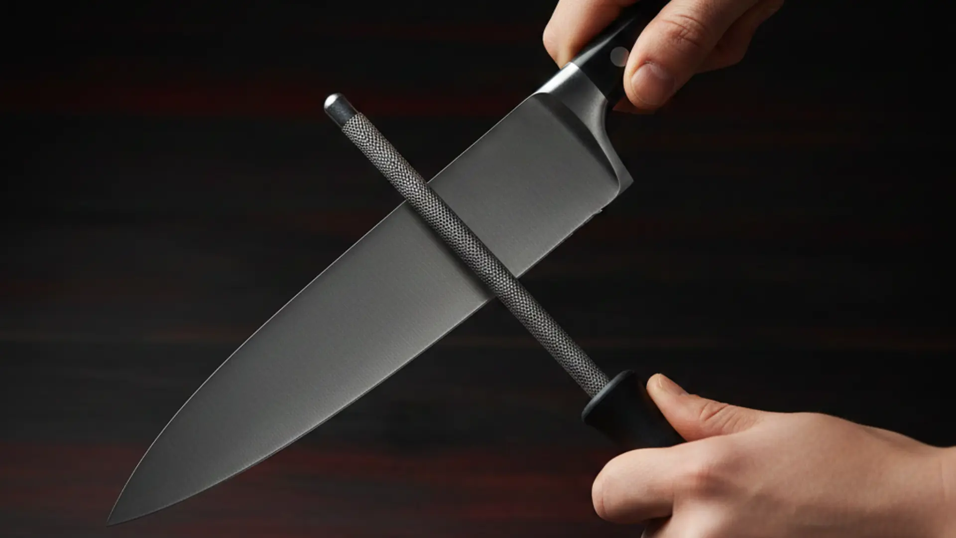 hands hold a professional chef's knife against a honing steel over a dark, moody wooden surface with red undertones