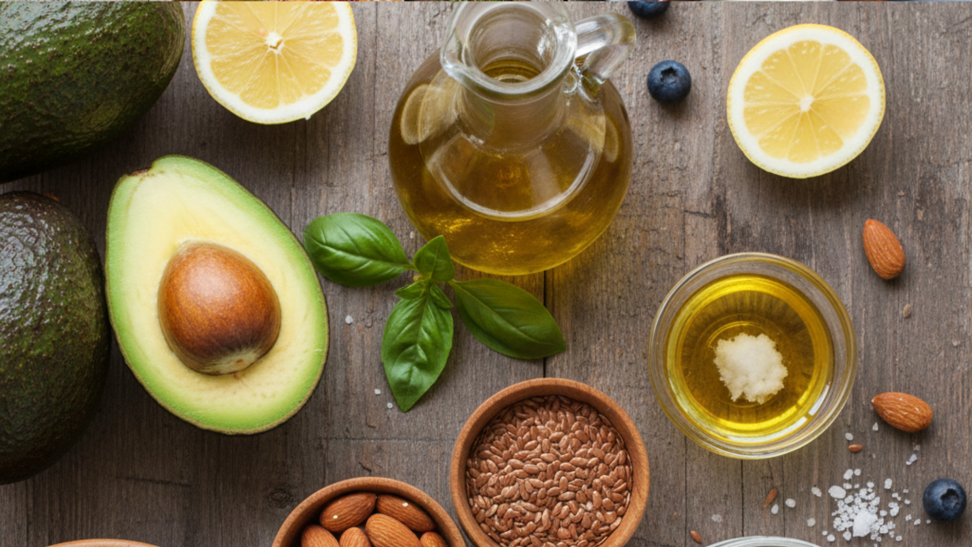 healthy fats including avocados, olive oil, almonds, walnuts, chia seeds, flax seeds, coconut oil, and a fresh salad