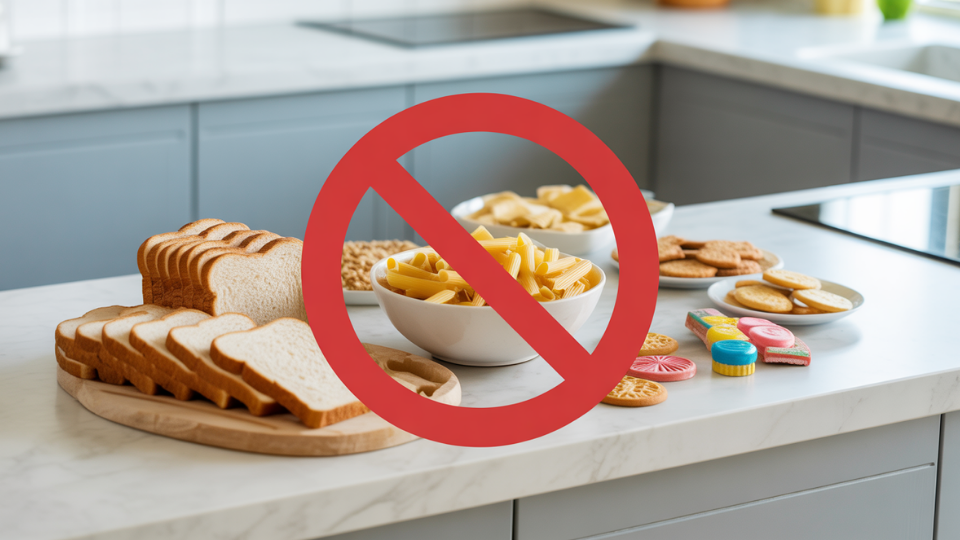 kitchen counter with white bread, pasta, and sugary snacks marked with a 'no' symbol for low-carb diet