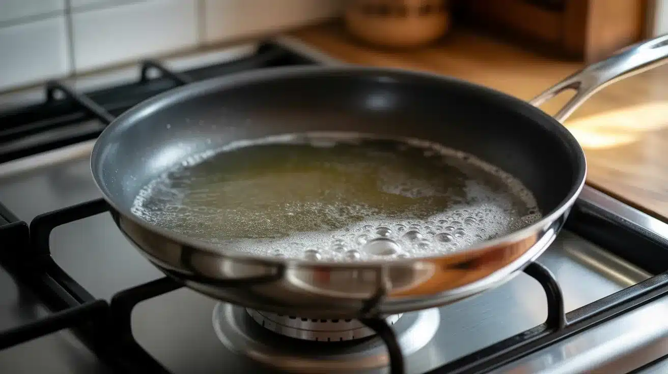 nonstick frying pan with bubbling water and cleaning solution heating on gas stove burner in home kitchen setting