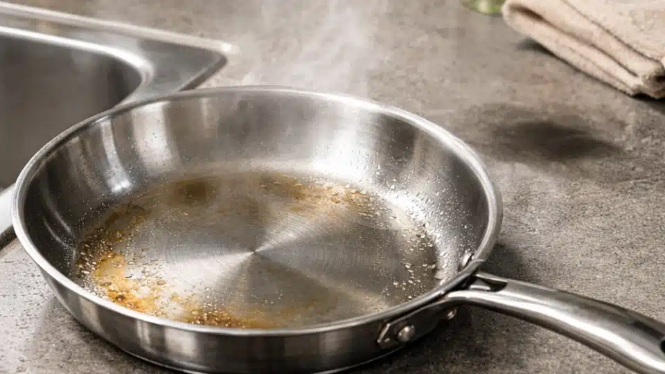 pan cooling on kitchen counter with damp cloth wiped outside