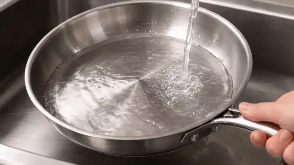 pan rinsed under running water in the kitchen sink