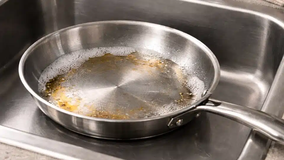 pan soaking in warm soapy water in the kitchen sink