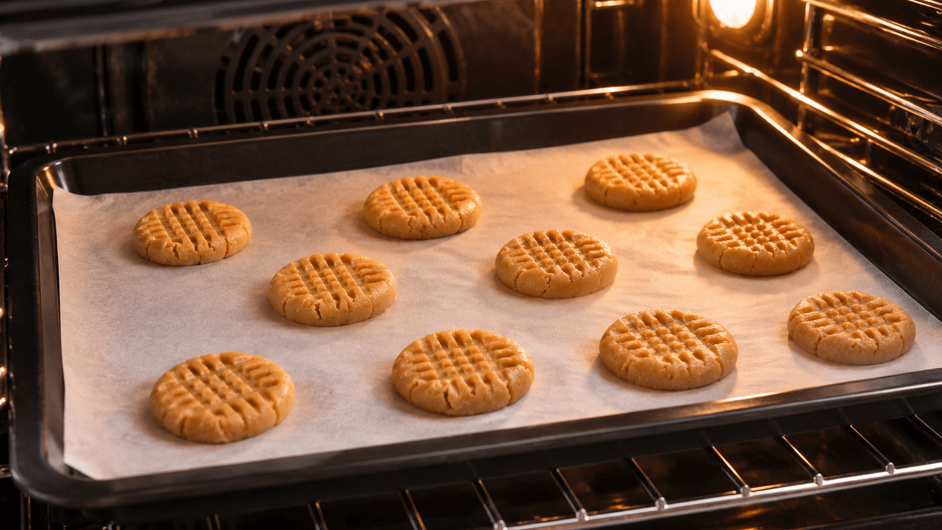 peanut butter cookies baking on a parchment lined tray inside a warm oven until lightly golden with classic crisscross tops