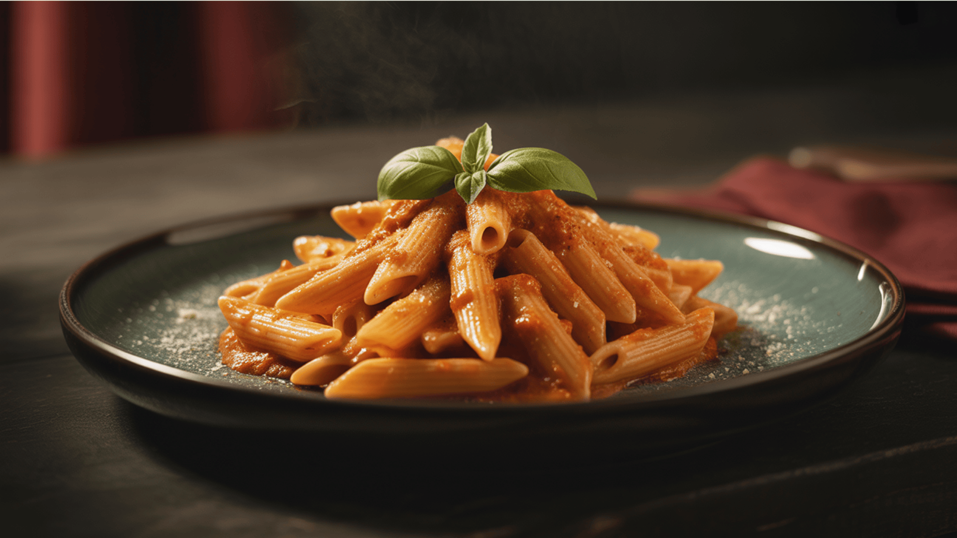 penne pasta with tomato sauce and fresh basil garnish served on a dark green plate against blurred background