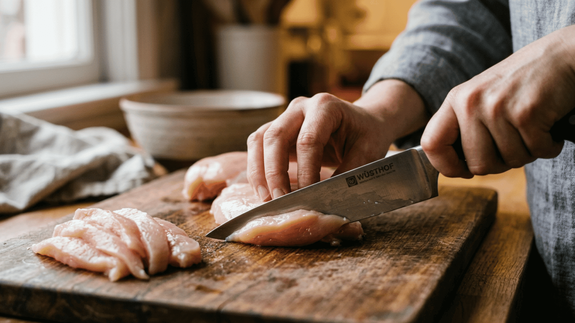 person cutting raw chicken breast into tender pieces on a wooden cutting board with a sharp kitchen knife