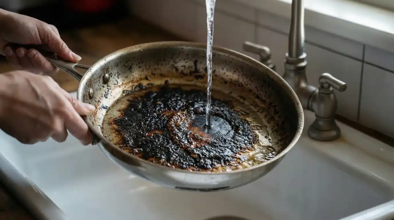 person rinsing heavily burnt stainless steel frying pan under running kitchen faucet with thick charred food residue