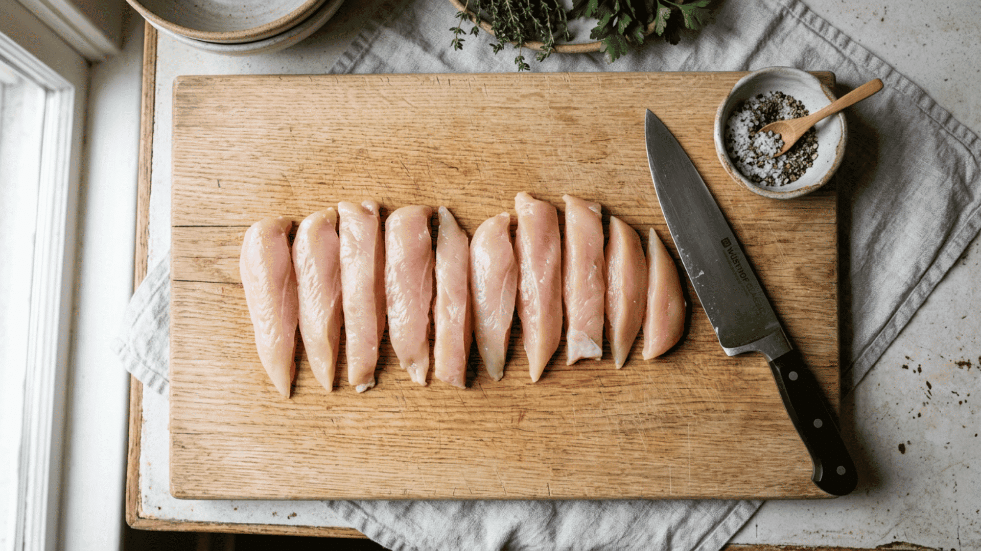 raw chicken breast cut into even tender pieces on a wooden cutting board with a chef knife beside it
